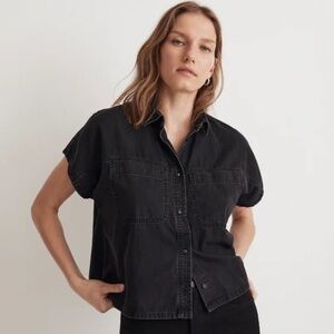 Denim Slanted-Yoke Crop Button-Up Shirt